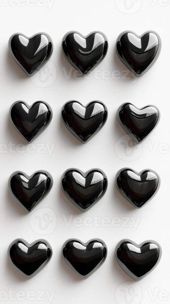 Display of glossy black heart shapes arranged in a grid on a light background for decoration or design purposes photo
