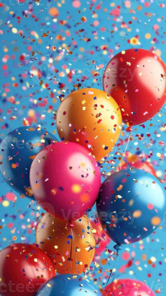 Bright balloons float amidst colorful confetti raining down in a celebration setting photo