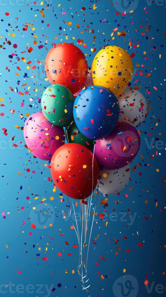 Colorful balloons surrounded by confetti create a festive atmosphere at a celebration or party photo