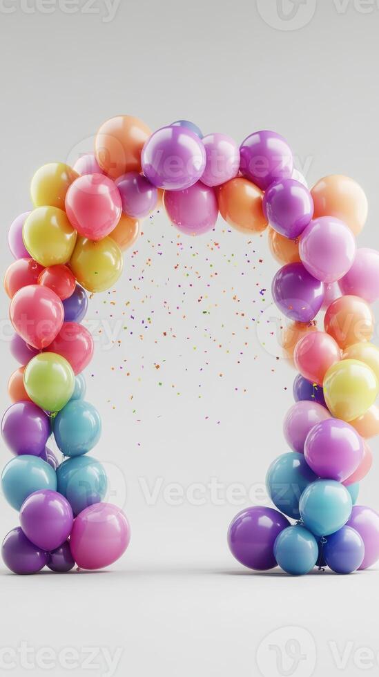 Colorful balloon arch with confetti for a festive celebration in a cheerful setting photo