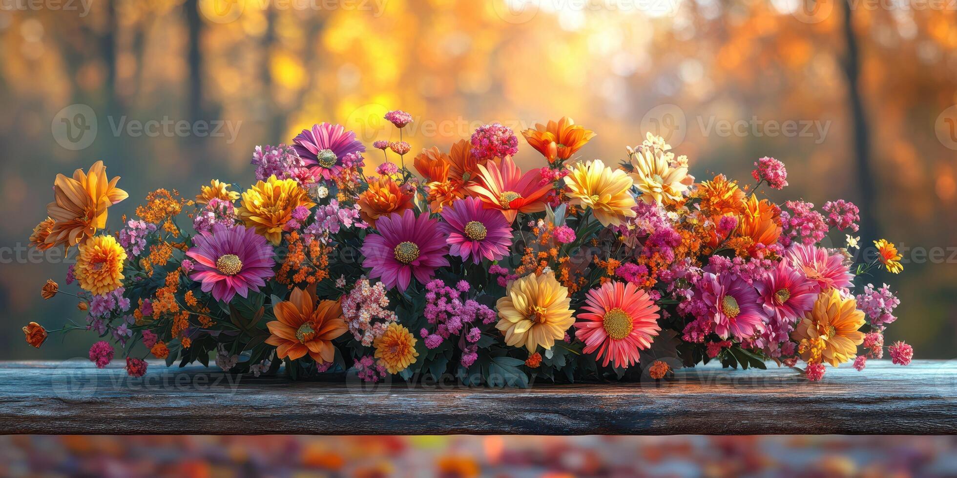 Colorful autumn flower arrangement on a wooden surface with a blurred forest background photo