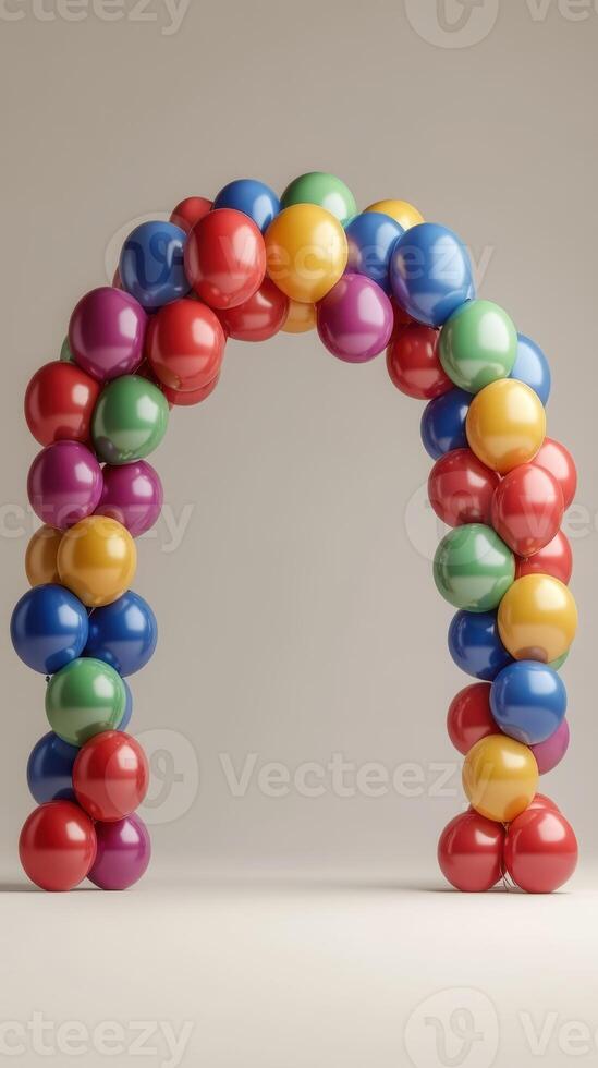Colorful balloon arch decoration in a minimalist setting for celebrations or events photo