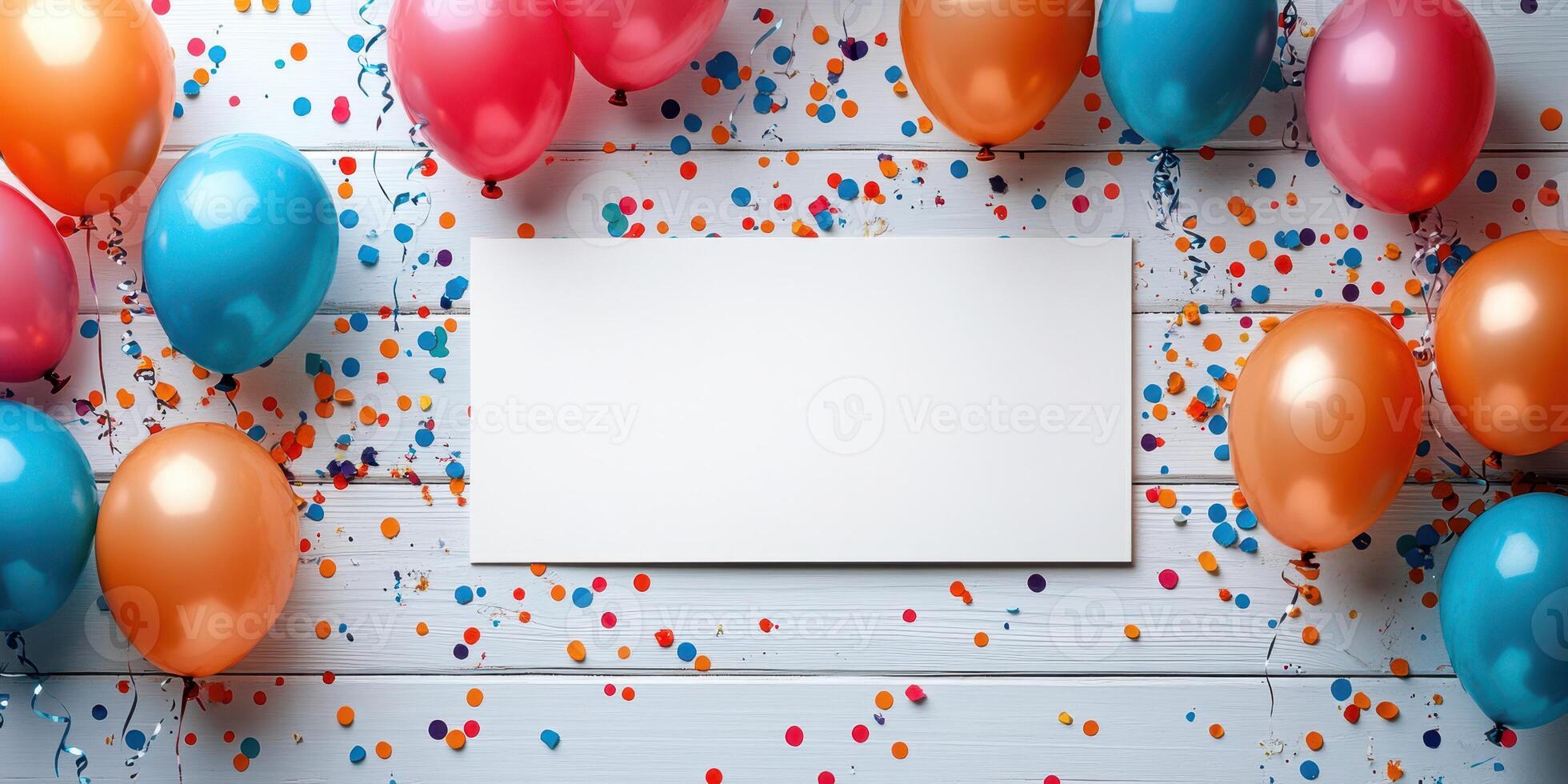 Colorful balloons and confetti surrounding a blank card on a wooden table for a festive celebration photo