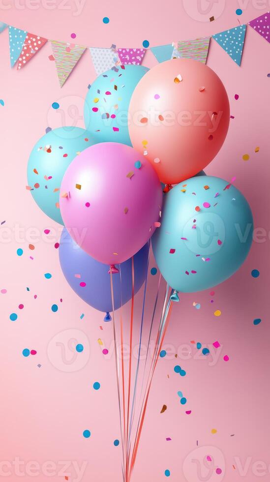 Brightly colored balloons and confetti create a festive atmosphere for a celebration photo