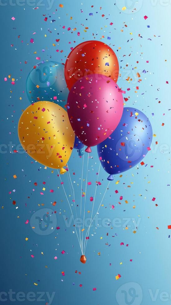 Colorful balloons float against a blue background while confetti rains down in celebration photo