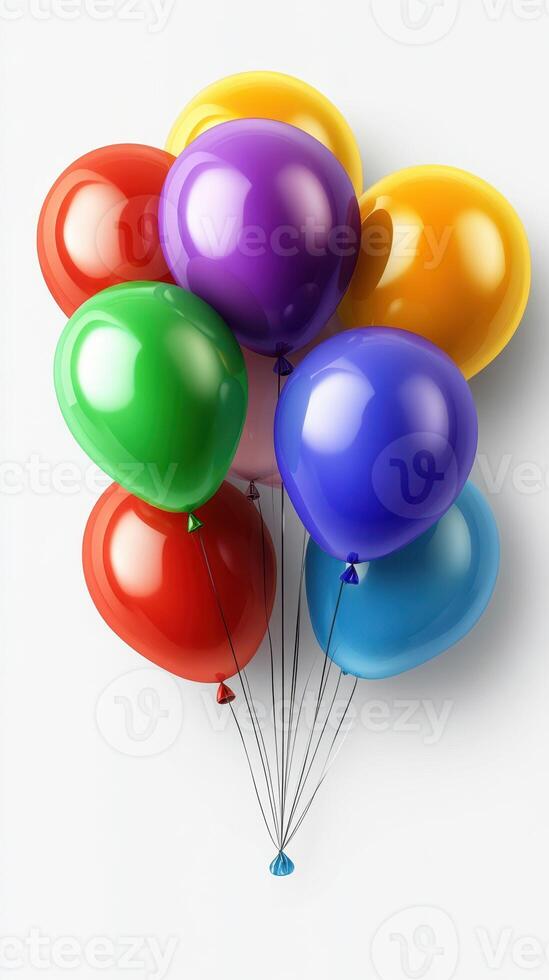 Colorful balloons in bright shades floating against a white background with a joyful essence suitable for celebrations photo