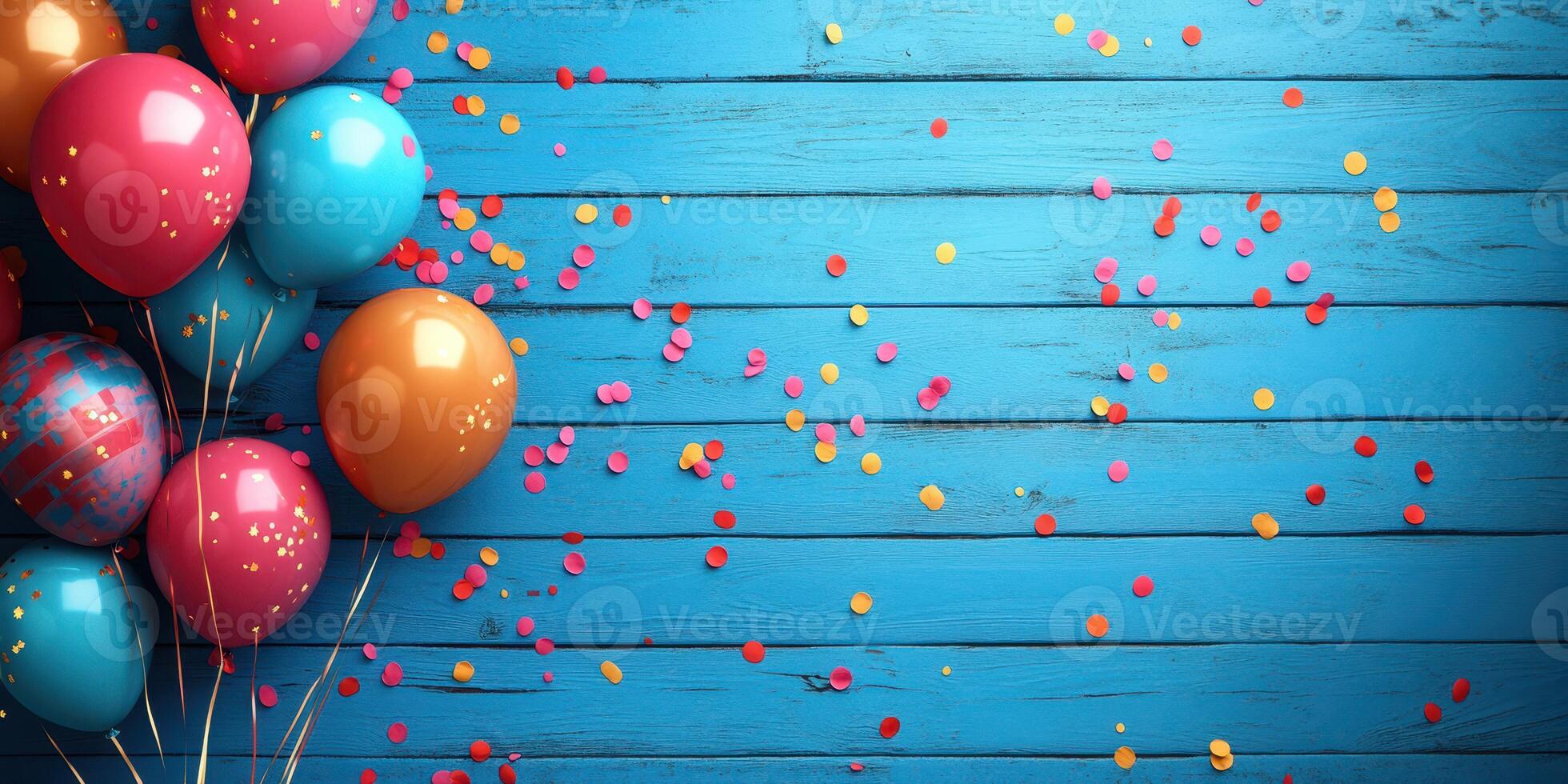 Colorful balloons and confetti create a festive atmosphere on a vibrant blue wooden surface for a celebration photo