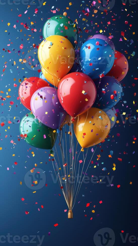 Colorful balloons and confetti create a festive atmosphere for celebration events or parties in a joyful setting photo