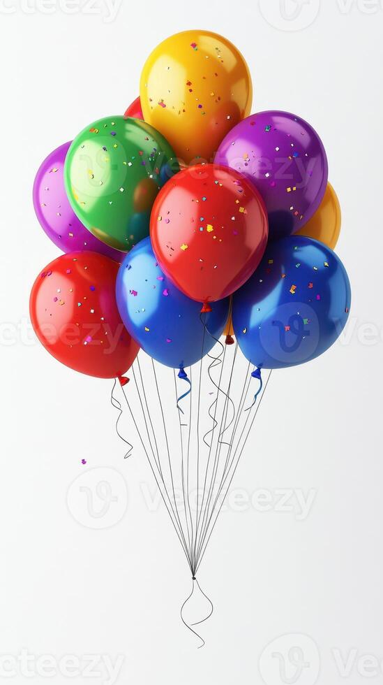 Colorful balloons filled with confetti float in the air against a light background photo