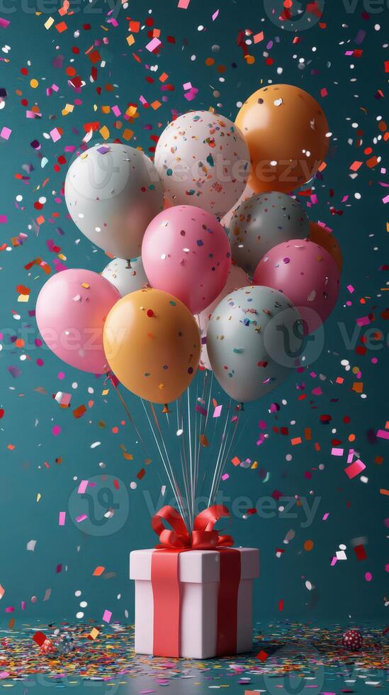 Colorful balloons and a gift box with confetti create a festive atmosphere celebrating a joyful occasion photo