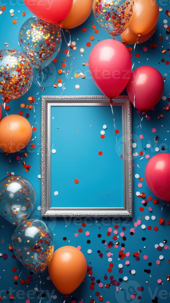 Colorful celebration backdrop featuring empty frame, balloons, and confetti for festive occasions photo