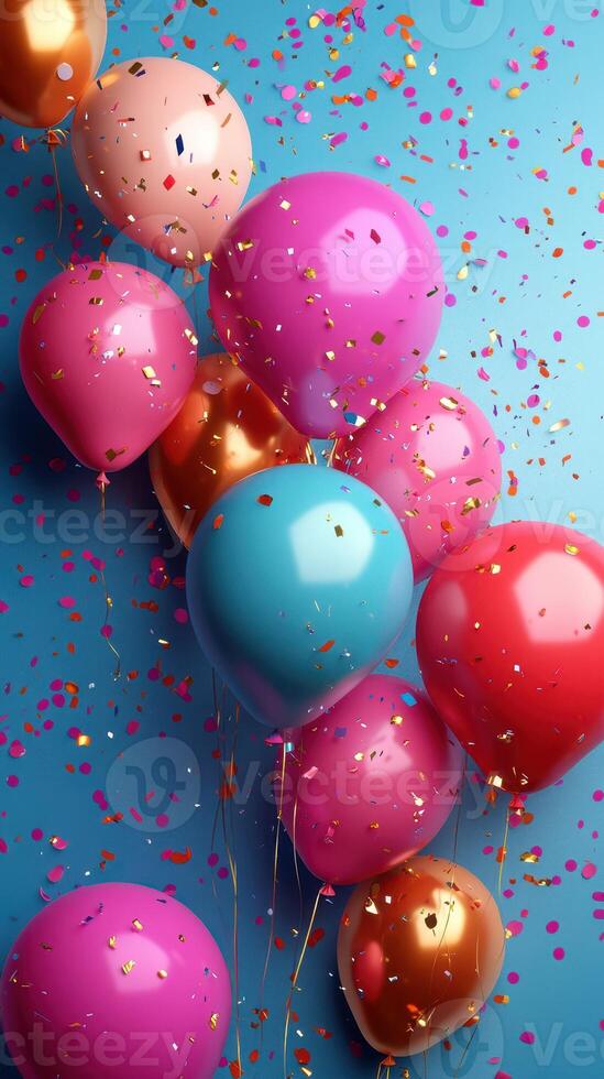 Colorful balloons with confetti floating against a bright blue background for a festive celebration photo