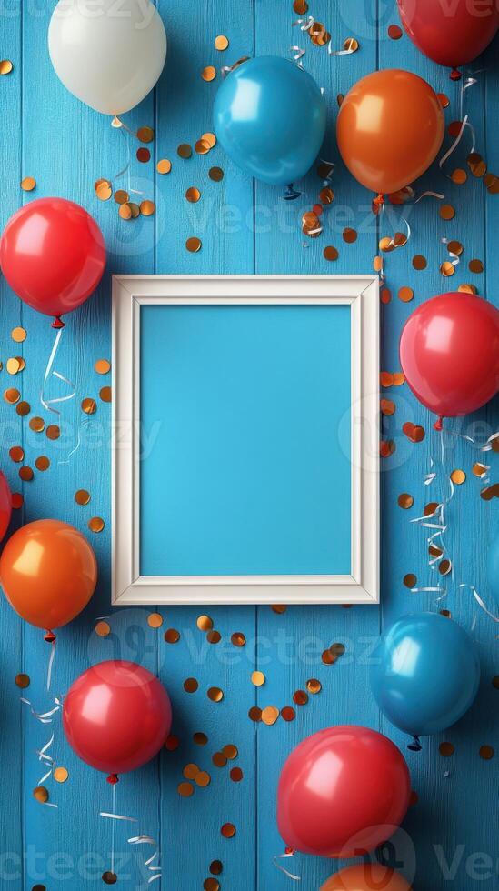 Colorful party decorations with balloons and a blank frame on a blue wooden background for celebrations and events photo