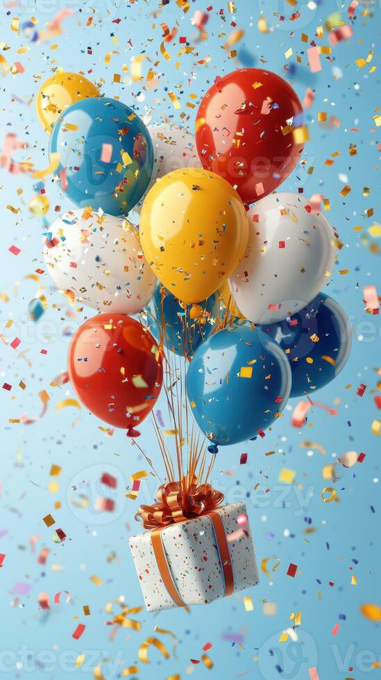 Colorful balloons and confetti celebrate a festive event with a wrapped gift against a cheerful blue background photo