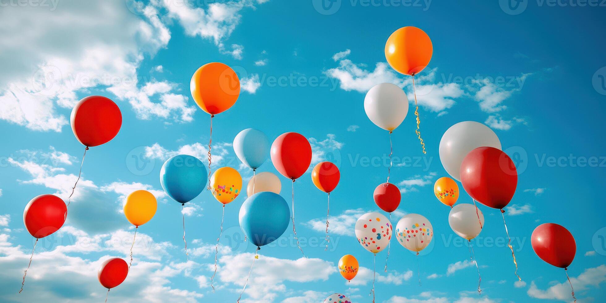 Colorful balloons float in a bright blue sky during a sunny day, creating a vibrant and cheerful atmosphere photo