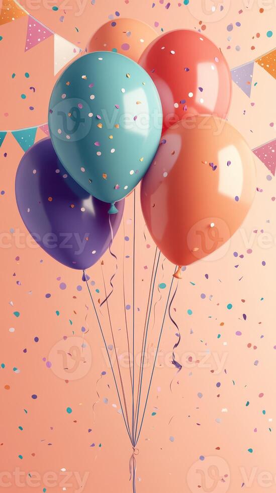 Colorful balloons with confetti create a festive atmosphere for a celebration or party decoration photo