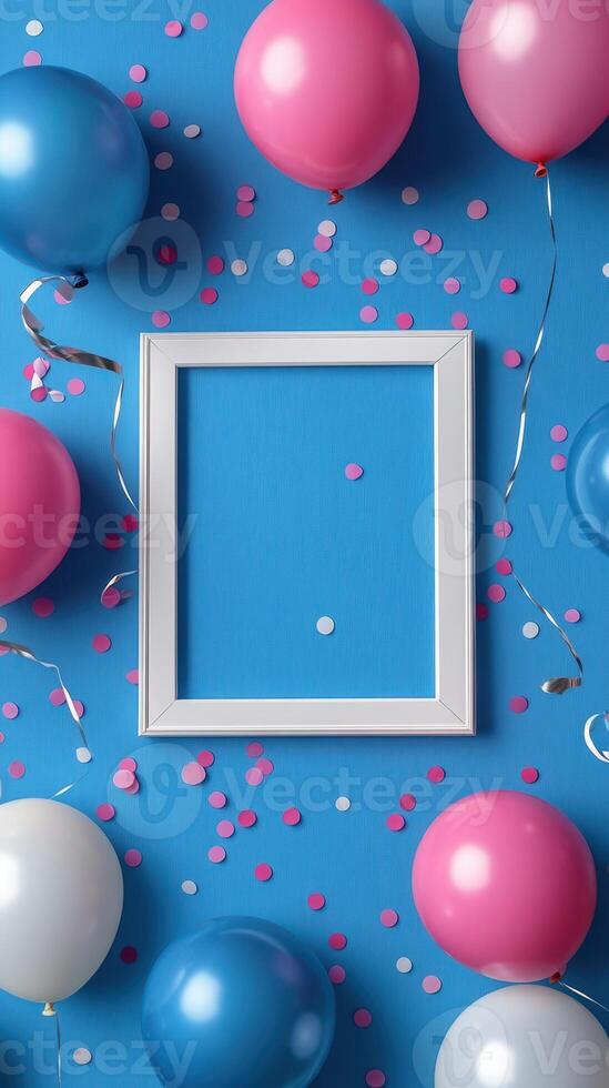 Colorful balloons and decorations surround an empty frame on a vibrant blue background for a celebratory occasion photo