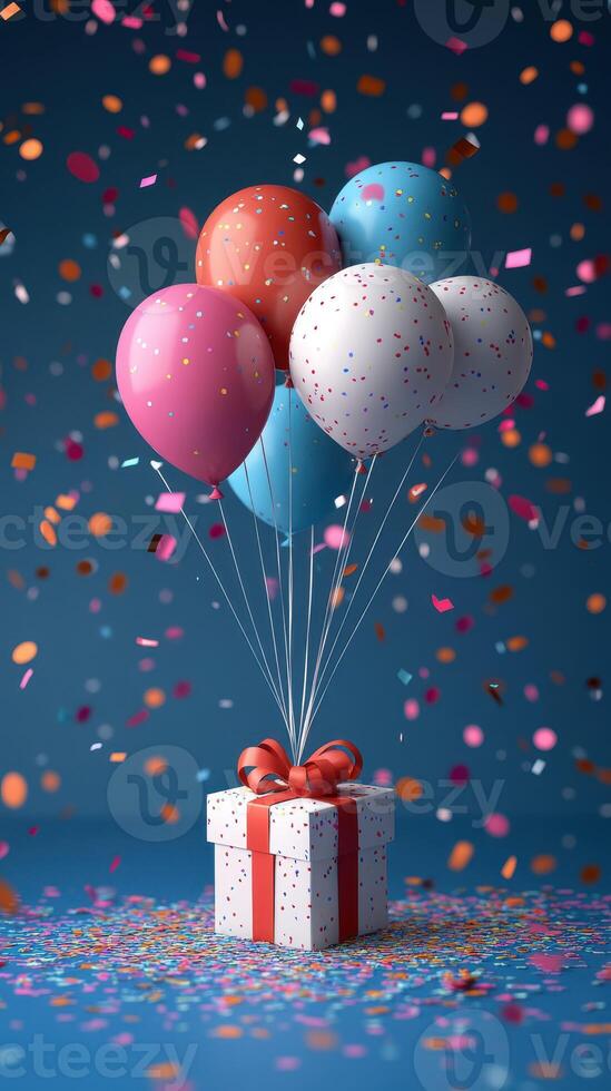 Colorful balloons and gift box create a festive atmosphere during a celebration party photo