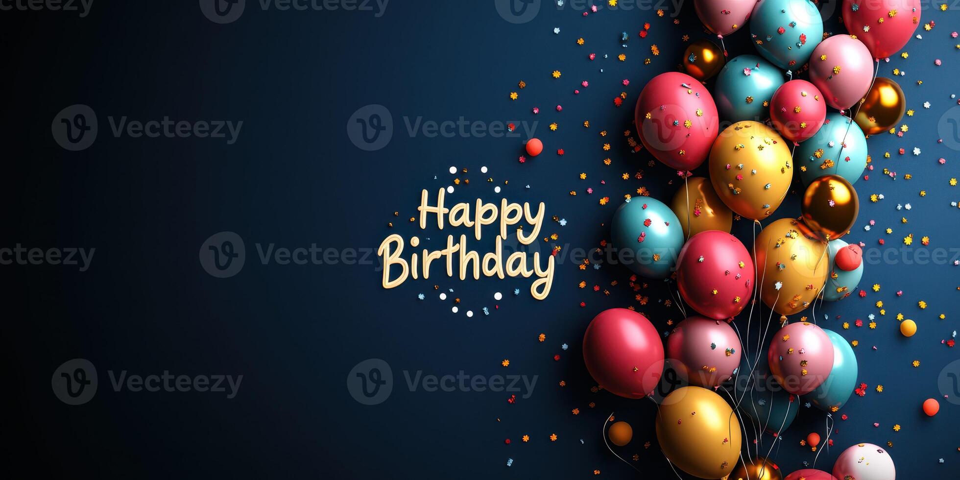 Colorful balloons and confetti create a festive atmosphere for a birthday celebration with a dark background photo