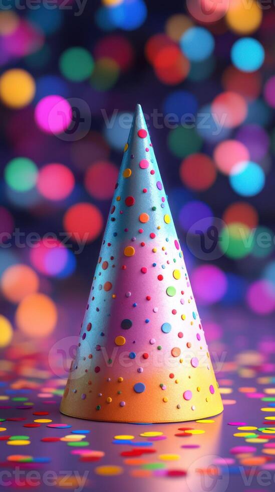 Brightly colored party hat with confetti on a festive background of vibrant bokeh lights photo