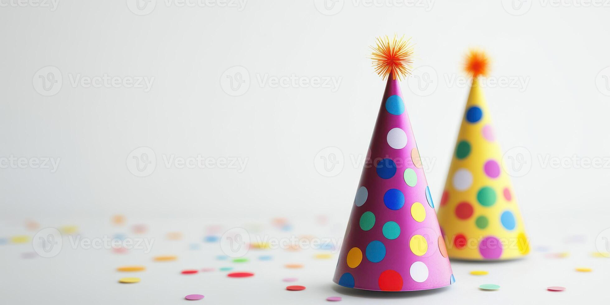 Colorful party hats with polka dots and confetti create a festive atmosphere for celebrations and gatherings photo