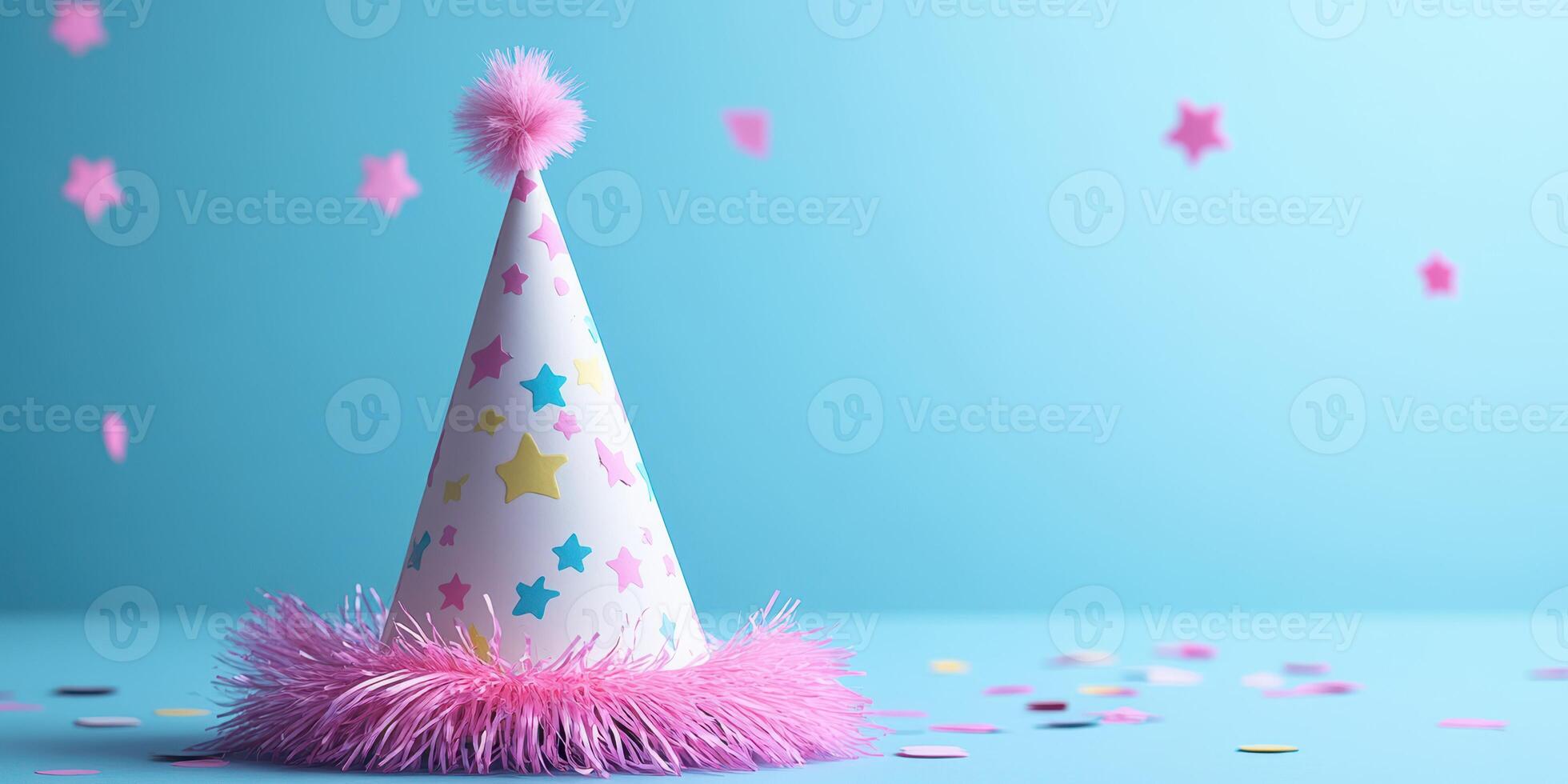 Colorful party hat decorated with stars and fringes lies on a blue surface surrounded by confetti on a festive occasion photo