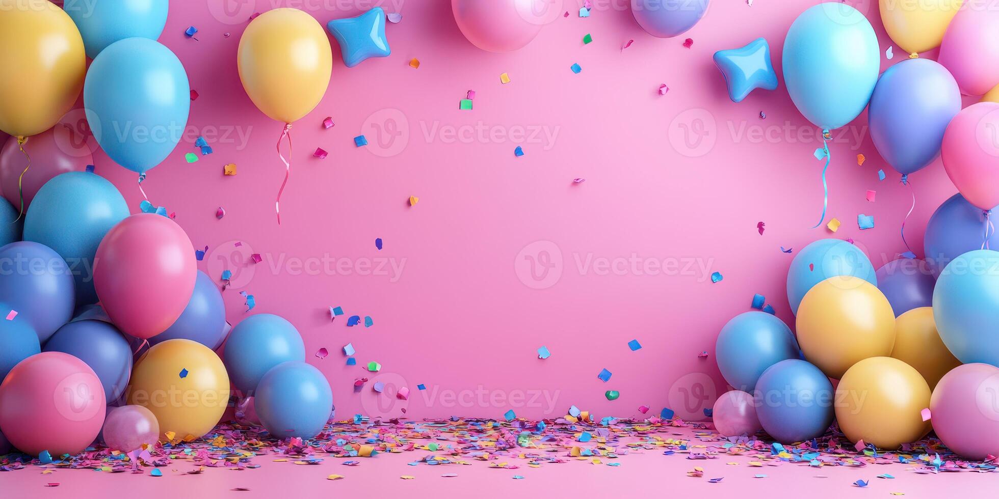 Colorful balloon display with confetti on a bright pink background for a festive celebration photo