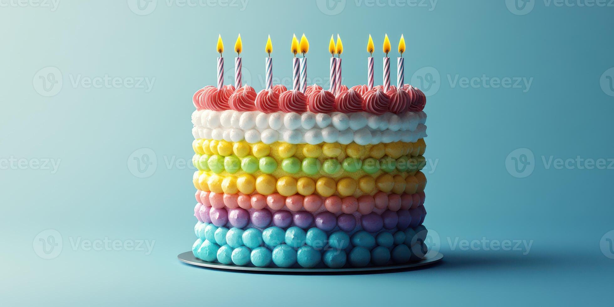 Colorful layered birthday cake with candles lit and vibrant decorations celebrating a joyous occasion photo