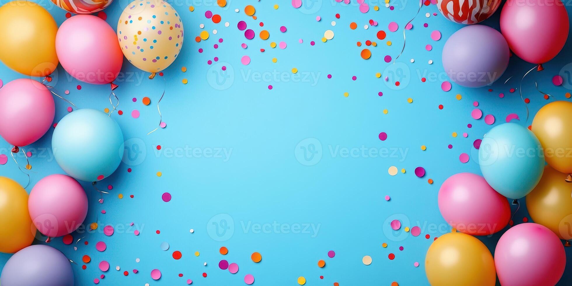 Colorful balloons and confetti create a festive atmosphere for a celebration on a bright blue background photo