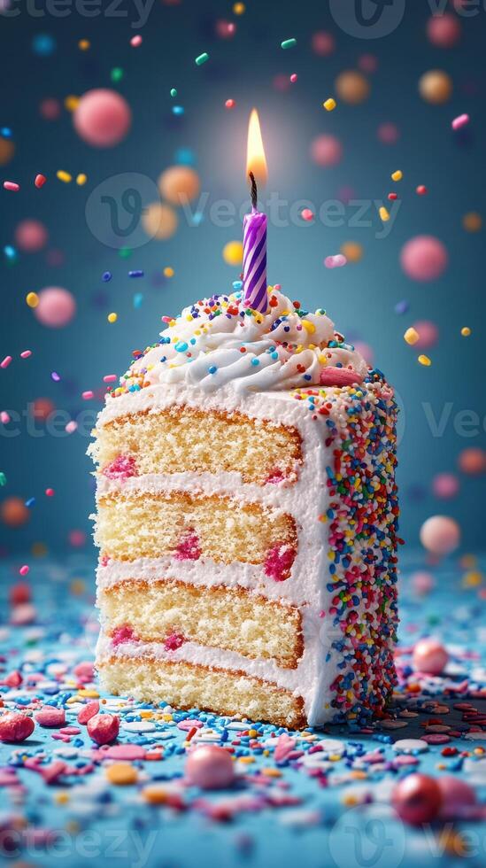 Colorful birthday cake with candle surrounded by sprinkles and confetti at a festive celebration photo