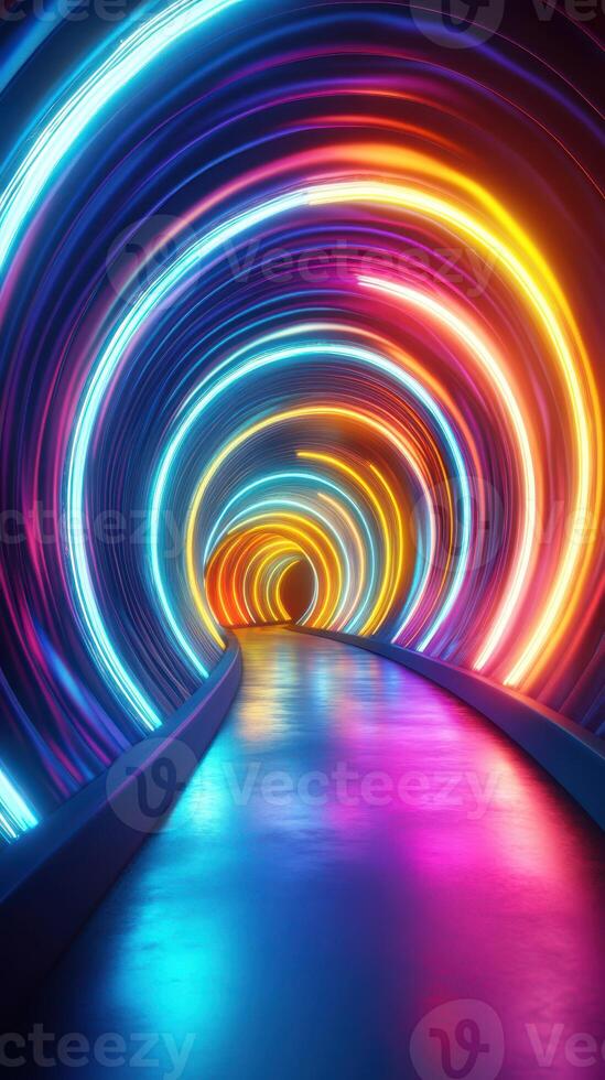 Colorful illuminated tunnel creates a vibrant pathway through swirling neon lights photo