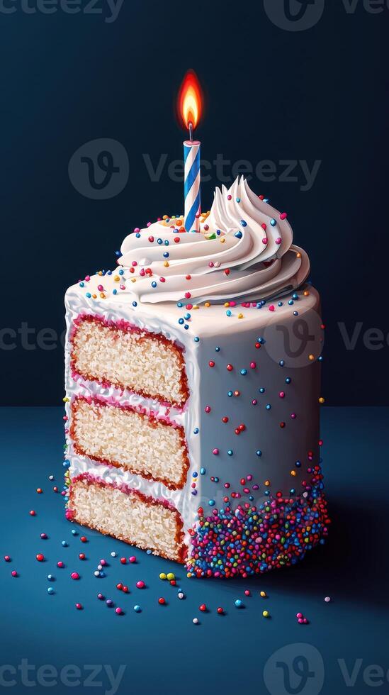 Colorful birthday cake with a candle and sprinkles on a solid background photo