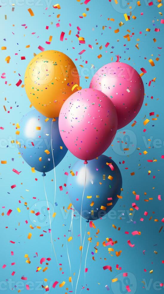 Colorful balloons and confetti creating a festive atmosphere at a celebration photo