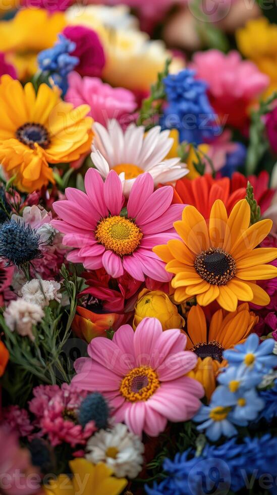 Colorful assortment of summer flowers in a vibrant floral arrangement at a local market photo