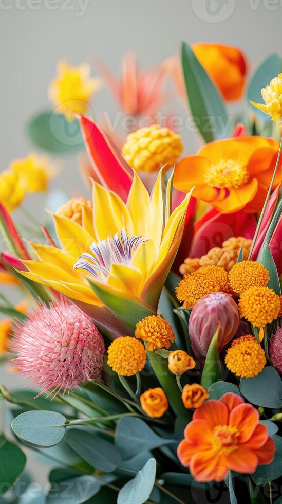 Vibrant spring bouquet featuring colorful flowers arranged with lush greenery in a bright setting photo