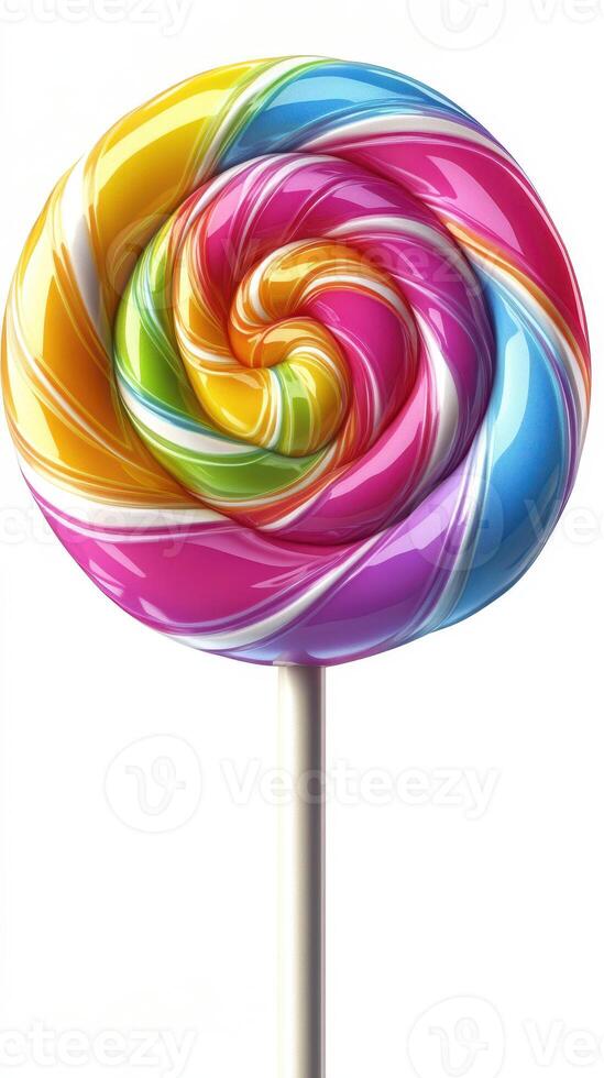 Colorful spiral lollipop with vibrant swirls showcasing a playful treat on a simple white background photo