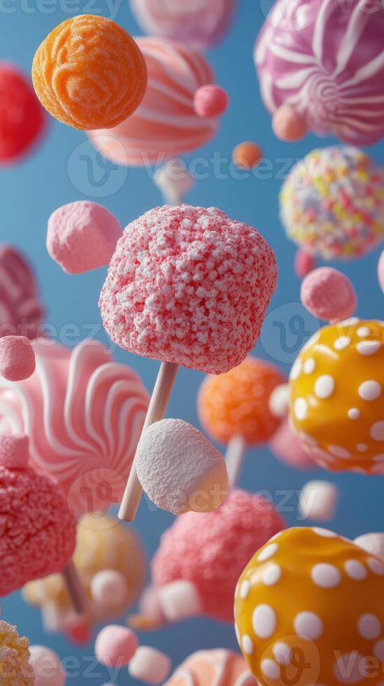 Colorful candies and sweets floating against a blue background in a whimsical arrangement photo