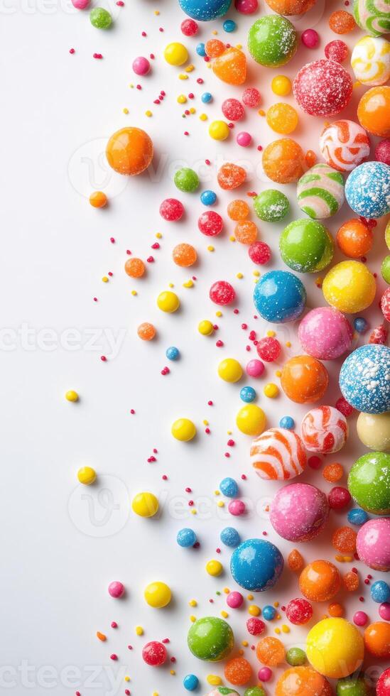 Colorful assorted candies and sprinkles scattered on a white surface creating a vibrant display of sweets photo