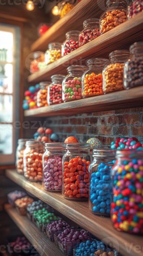 Colorful display of assorted candies in glass jars at a cozy sweet shop during afternoon light photo