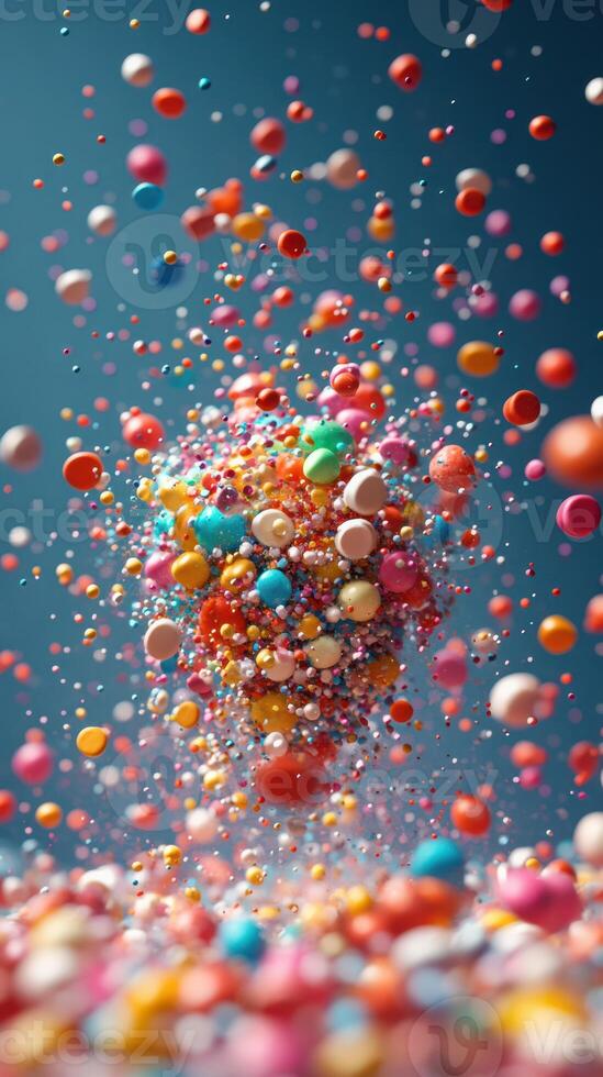 Brightly colored balls and sprinkles swirling in the air create a joyful visual display photo