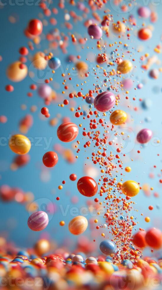 Colorful candy pieces suspended in mid-air create a vibrant and playful spectacle against a blue background photo