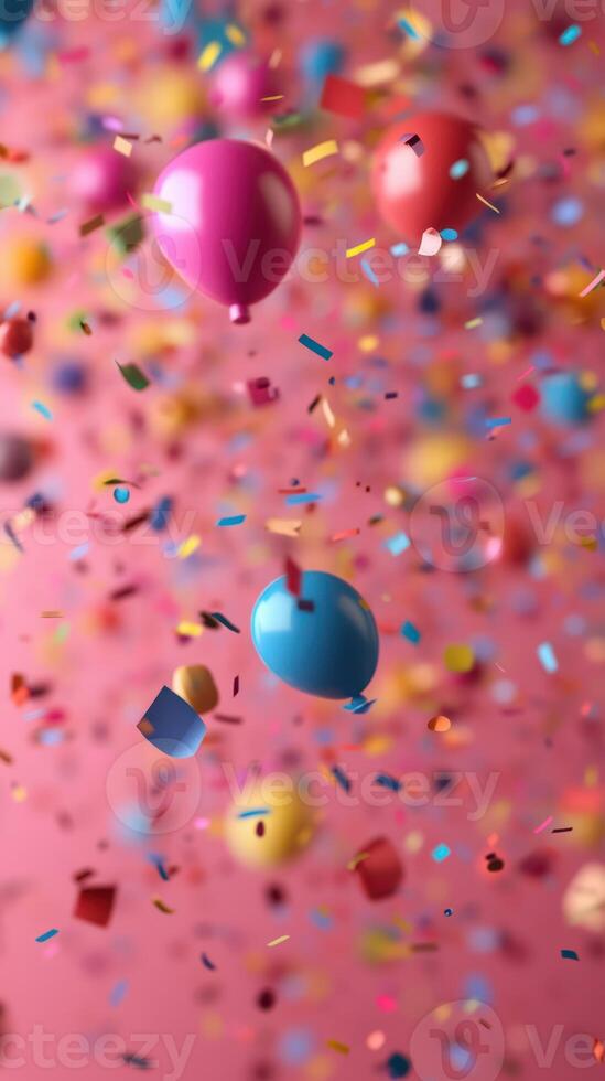 Colorful balloons and confetti create a festive atmosphere for celebrations and events photo