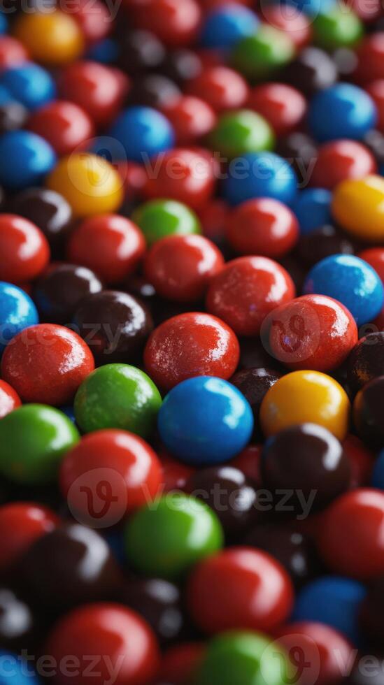 Colorful sugary candies scattered on a dark surface create an enticing visual display of sweetness photo