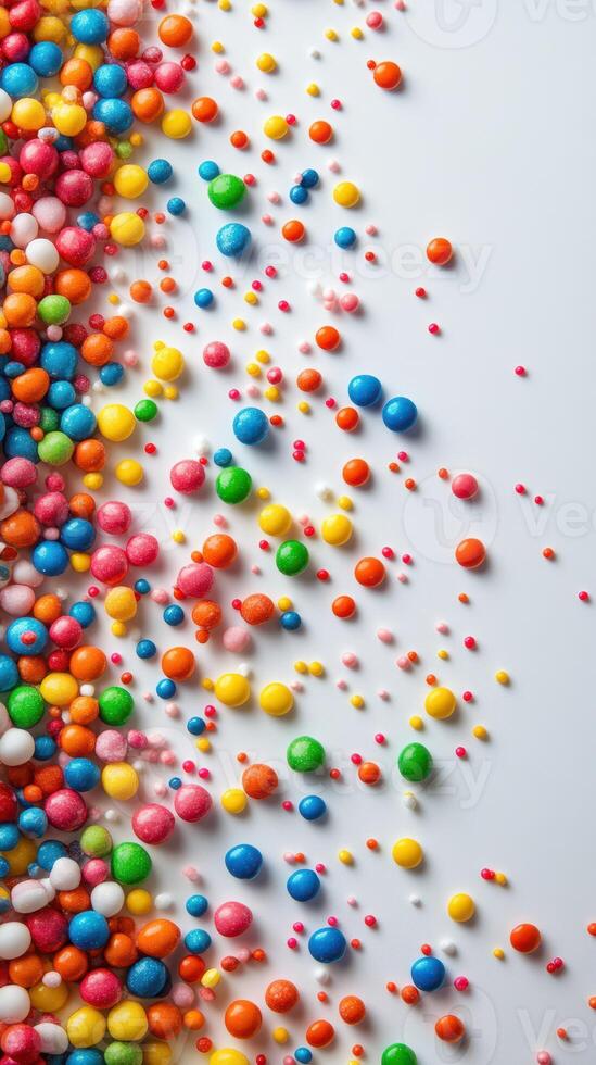 Colorful variety of candy balls scattered on white surface creates a vibrant visual display in an artistic arrangement photo