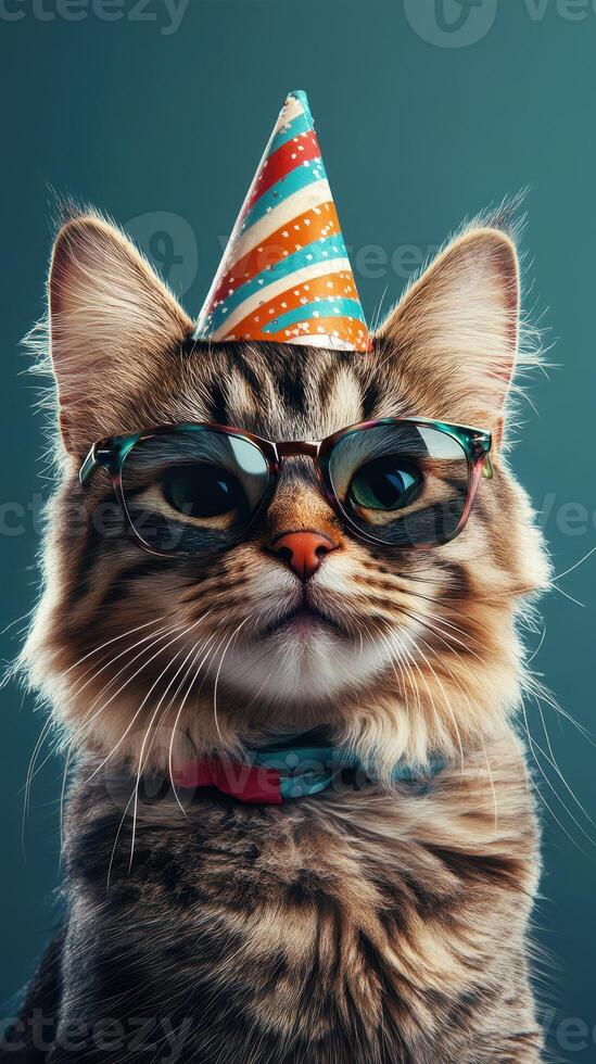 Cat in festive party hat and sunglasses with a playful expression celebrating a cheerful occasion indoors photo
