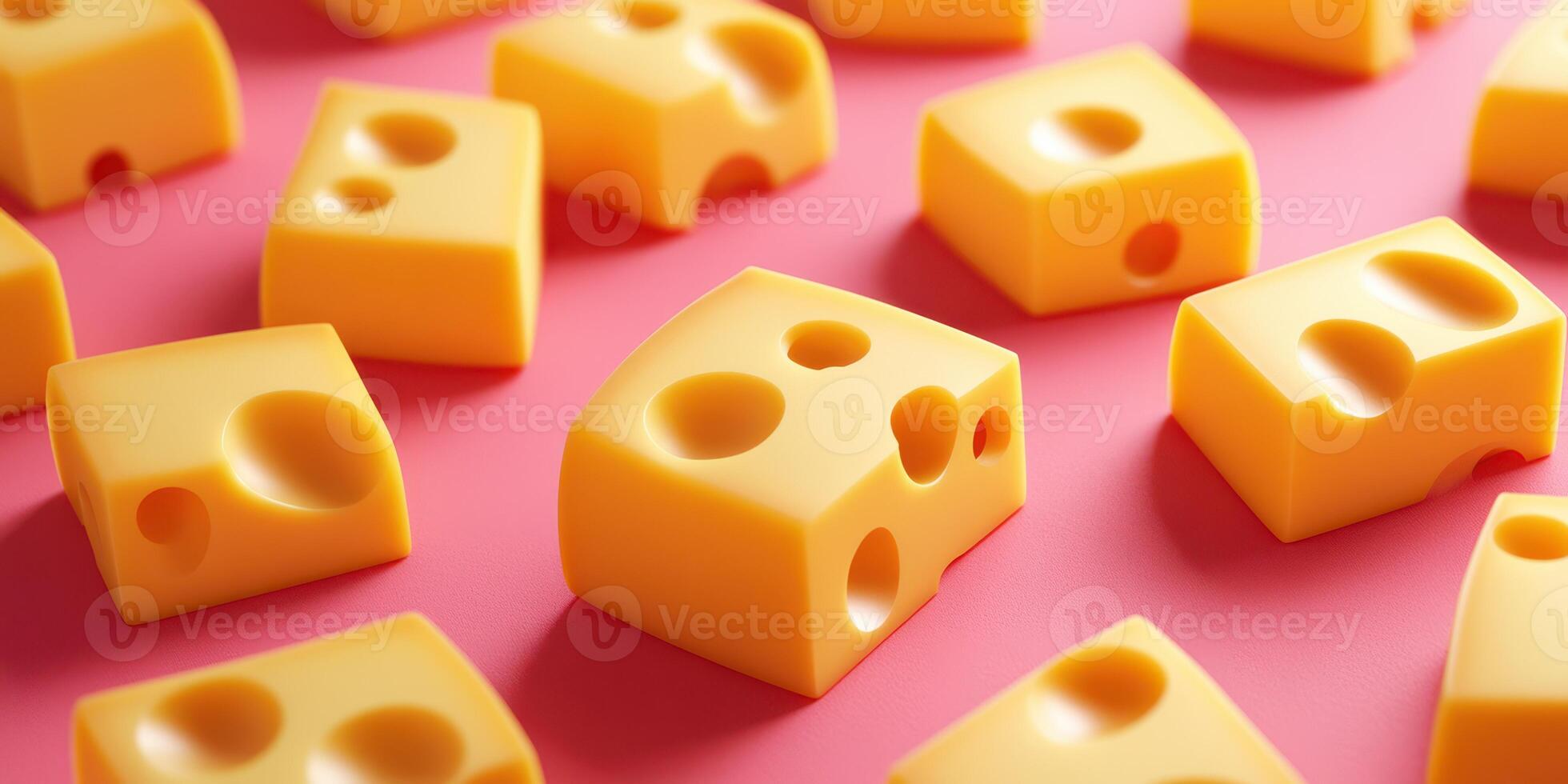 Colorful cheese blocks arranged on a vibrant pink background creating a playful display suitable for food-themed decor photo