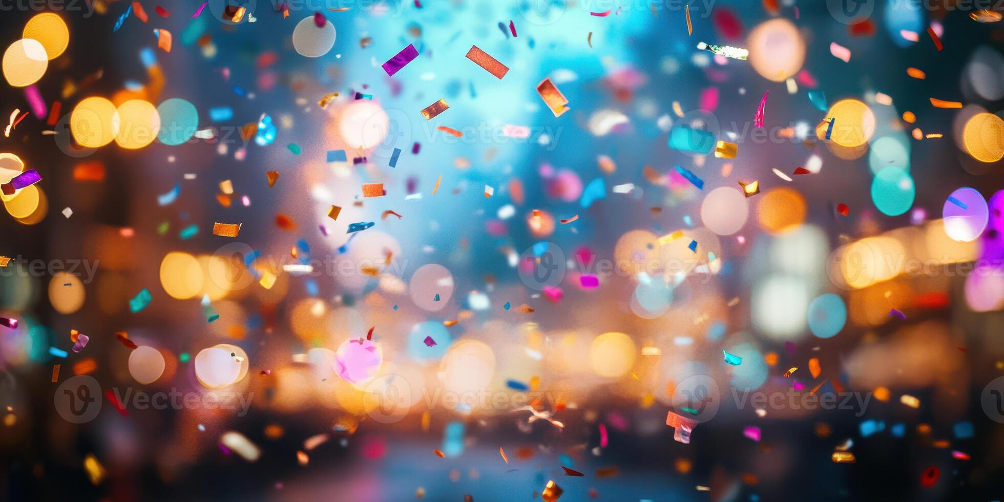 Colorful confetti falls over a festive city street decorated for an evening celebration photo