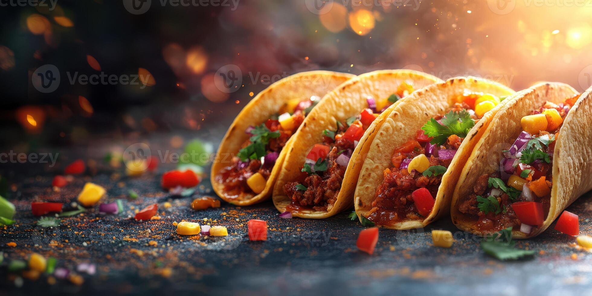 Tacos prepared with colorful toppings displayed on a dark surface with a warm glow in the background during a vibrant evening setting photo