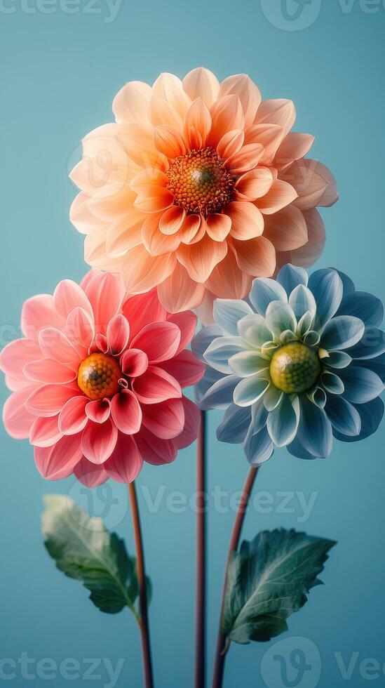 Colorful flowers arranged in a simple bouquet against a blue background showcasing spring beauty photo