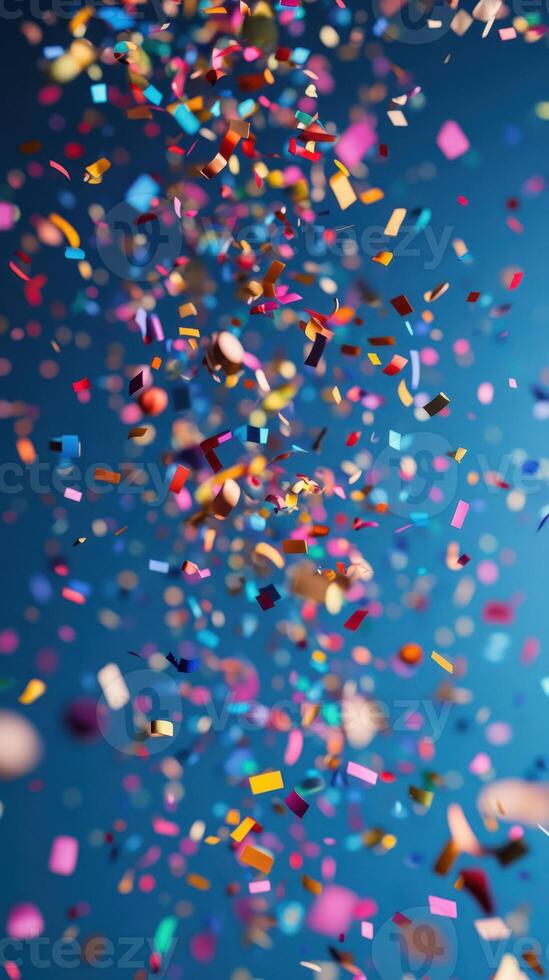 Colorful confetti falling against a vibrant blue background during a festive celebration photo